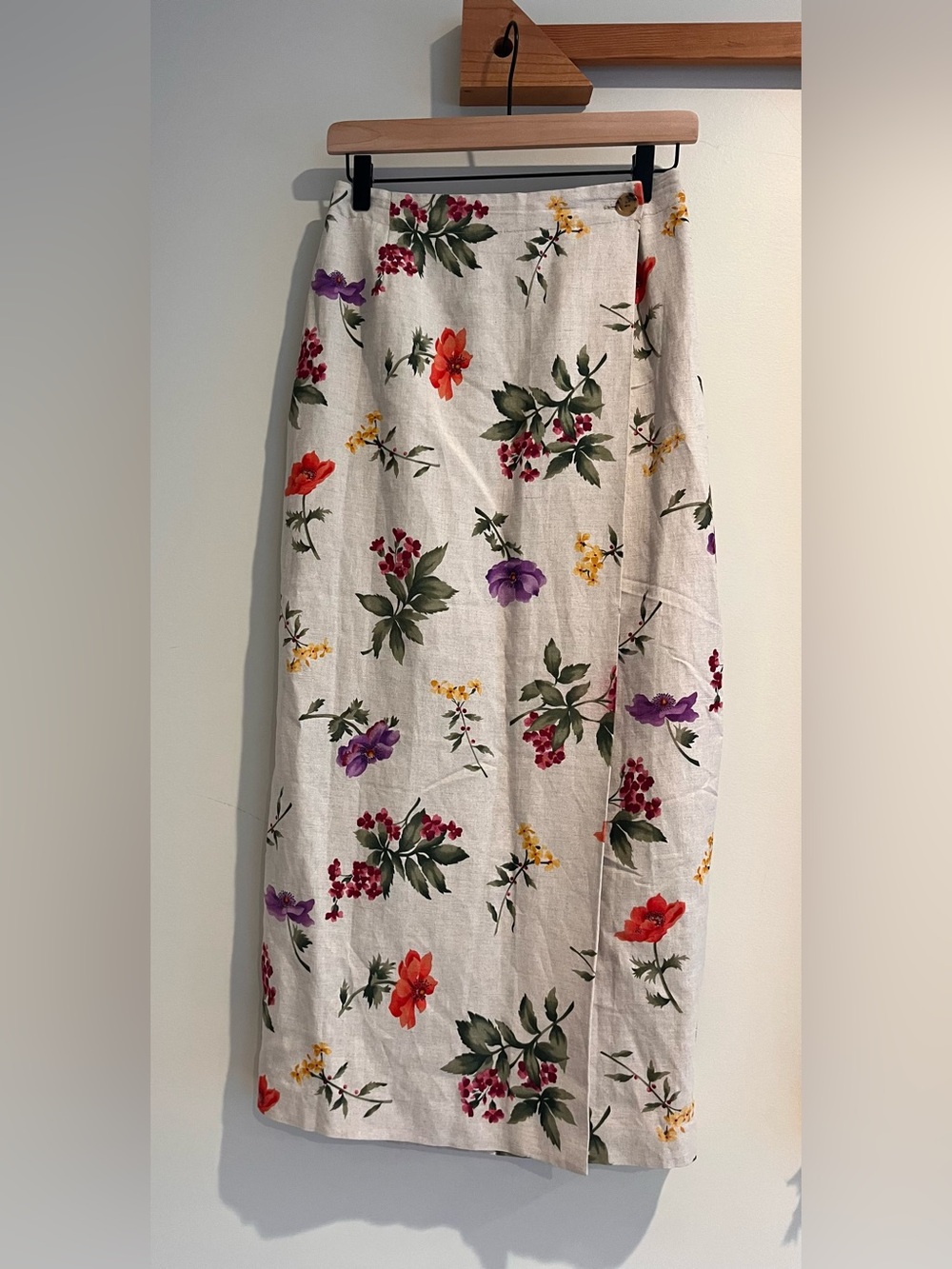Vintage Linen Botanical Maxi Wrap Skirt Small 6 Floral Long 90s
